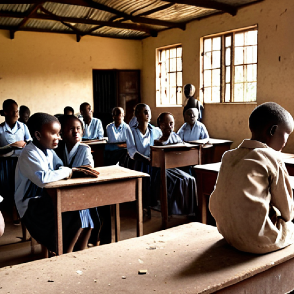 **Prompt 1 (Challenges):**
    A poignant scene depicting the harsh realities of education in rural Malawi. A single, dedicated teacher, looking visibly strained but determined, stands amidst a classroom overflowing with over 100 young students. The classroom itself is dilapidated, with a leaky corrugated iron roof, crumbling walls, and worn, insufficient desks that some children are sharing or sitting on the floor. Dust motes dance in the shafts of sunlight filtering through the sparse, unglazed window openings. The children, dressed in simple, worn clothes, show a mix of earnest concentration and the quiet burden of their challenging learning environment. The image should convey a sense of struggle, overcrowding, and the immense dedication required by both students and teachers in such conditions. Focus on the raw, documentary feel, emphasizing the teacher's solitary effort against overwhelming odds.