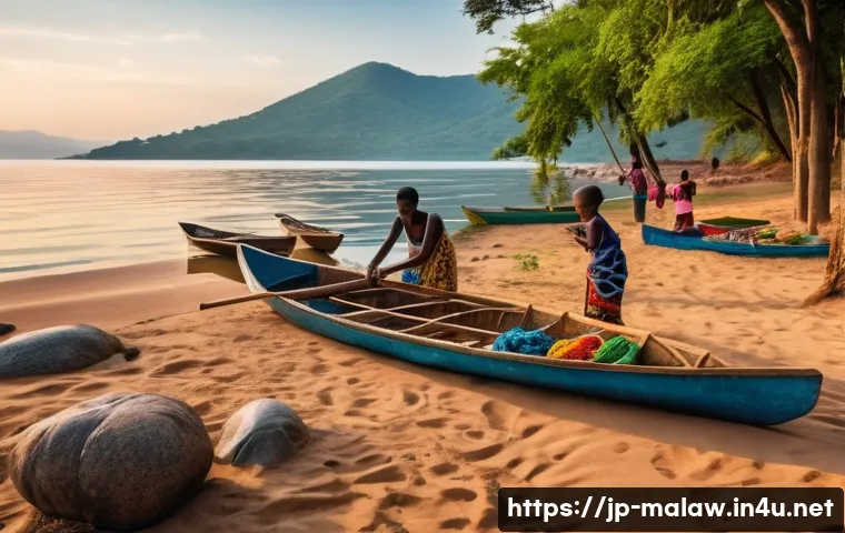 말라위에서의 낚시 문화 - **Prompt:** A vibrant and immersive scene depicting daily life around Lake Malawi during early morni...