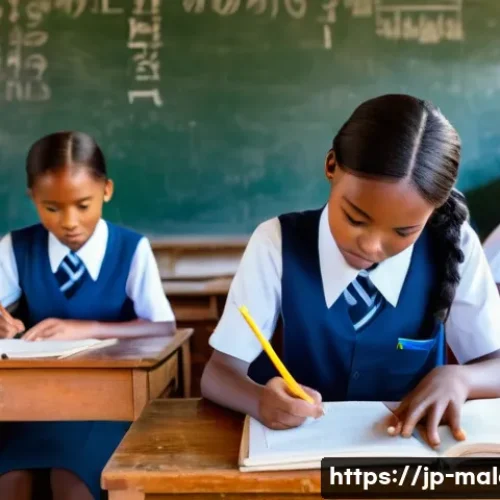 말라위에서 여성 인권 및 사회 진출 현황 - A vibrant rural Malawian classroom scene showing young girls wearing neat school uniforms, sitting a...
