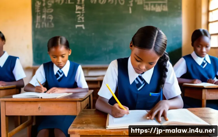 말라위에서 여성 인권 및 사회 진출 현황 - A vibrant rural Malawian classroom scene showing young girls wearing neat school uniforms, sitting a...