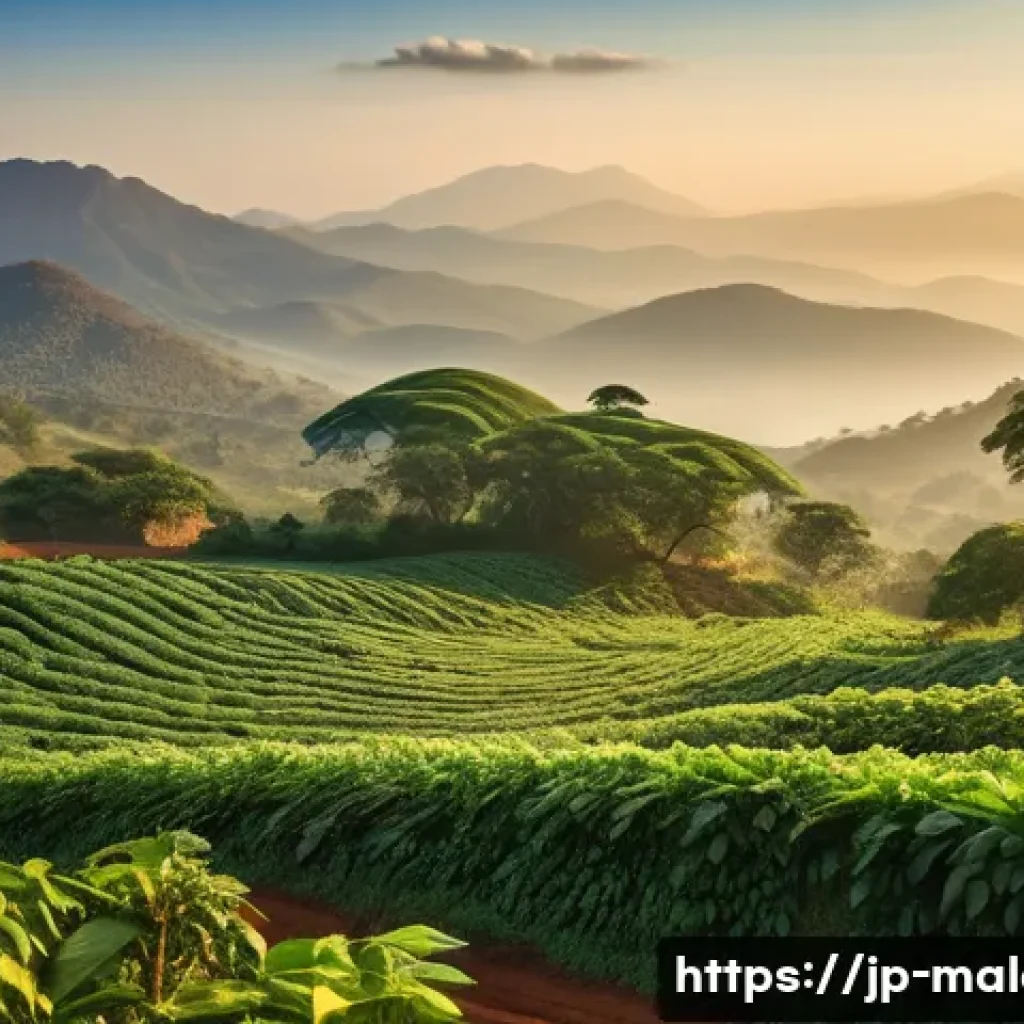 말라위 지역별 특산물 - A serene highland coffee farm in northern Malawi at sunrise, showing lush green coffee plants with r...