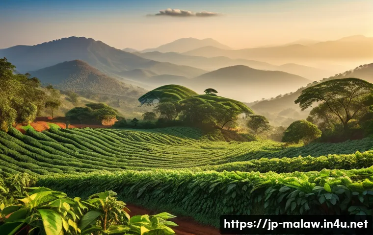 말라위 지역별 특산물 - A serene highland coffee farm in northern Malawi at sunrise, showing lush green coffee plants with r...