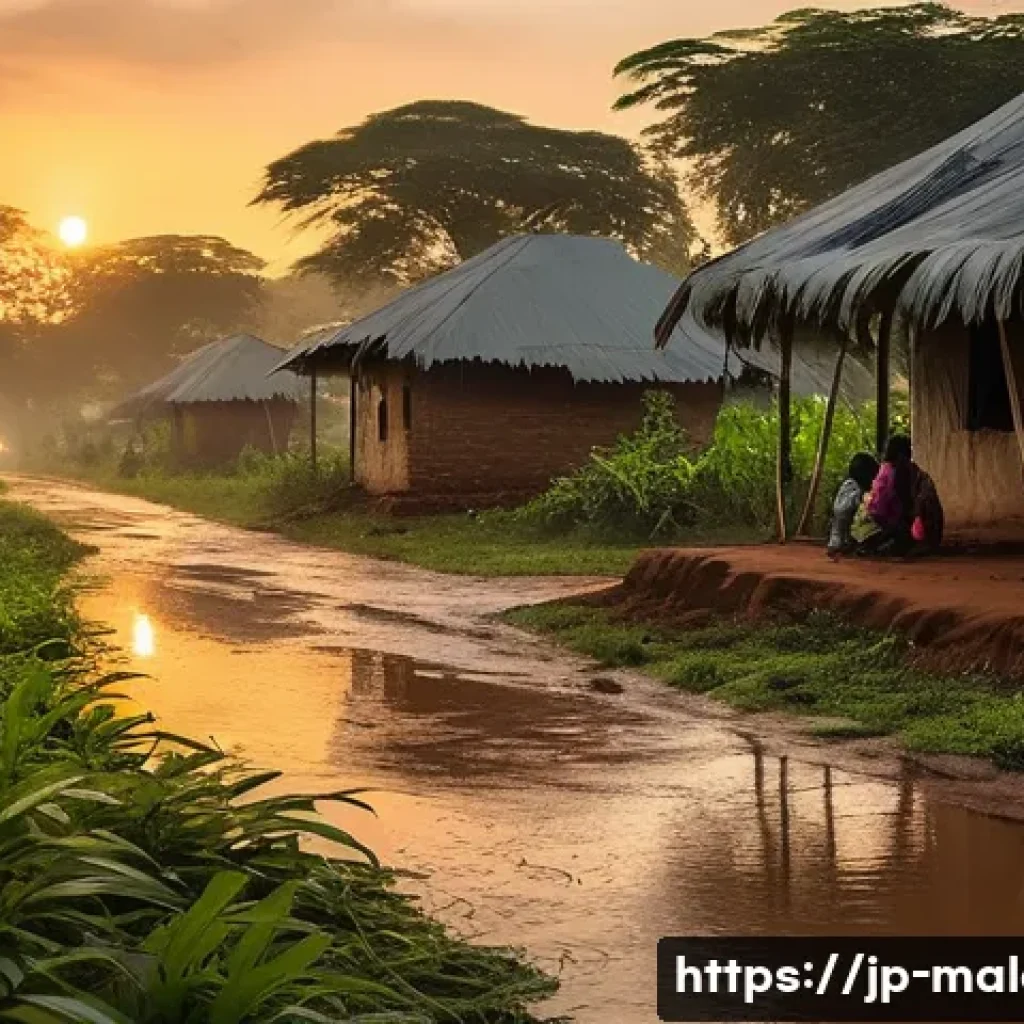 말라위에서 자주 발생하는 질병 - A detailed scene of a tropical village in Malawi during the rainy season, showing high humidity with...