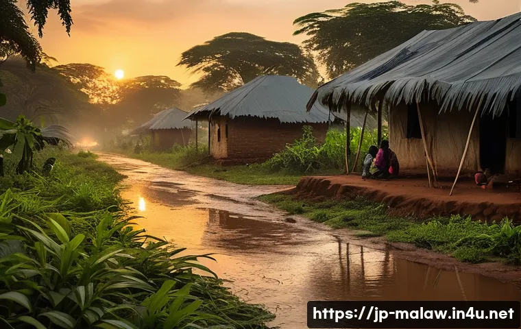 말라위에서 자주 발생하는 질병 - A detailed scene of a tropical village in Malawi during the rainy season, showing high humidity with...