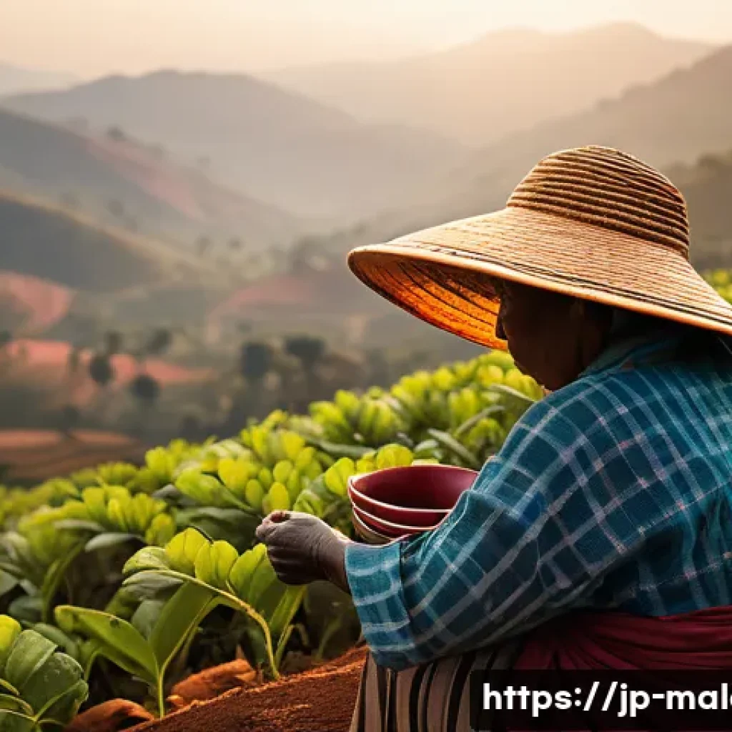 말라위 차 Tea 산업 - ) A sunlit Mulanje hillside at golden hour, wide cinematic landscape with rolling tea terraces on re...