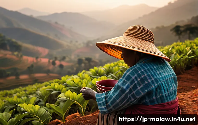말라위 차 Tea  산업 - ) A sunlit Mulanje hillside at golden hour, wide cinematic landscape with rolling tea terraces on re...