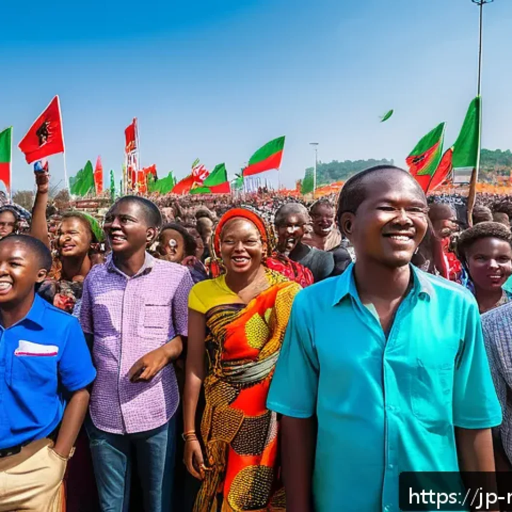 말라위 정치 상황 - A vibrant political rally in Malawi showcasing a diverse crowd of young and middle-aged supporters w...
