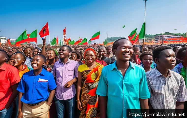 말라위 정치 상황 - A vibrant political rally in Malawi showcasing a diverse crowd of young and middle-aged supporters w...