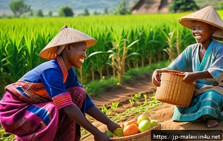 말라위에서의 기부 문화 - A vibrant Malawian village scene during harvest season, neighbors joyfully helping each other with f...
