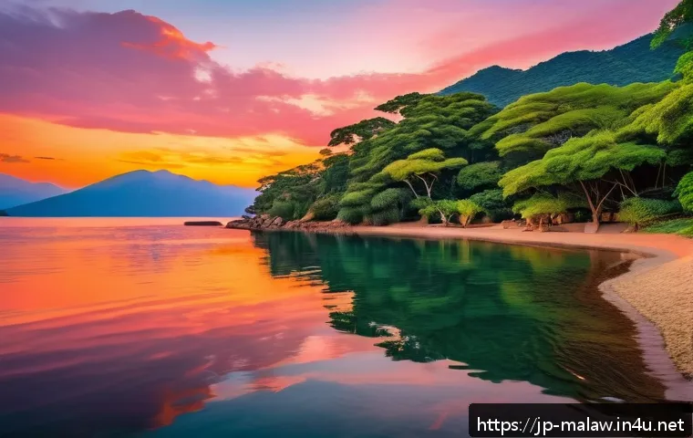 말라위에서 촬영한 다큐멘터리 및 영화 - A vibrant scene of Malawi&rsquo;s Lake Malawi at sunset, showcasing the glowing orange and pink sky reflec...