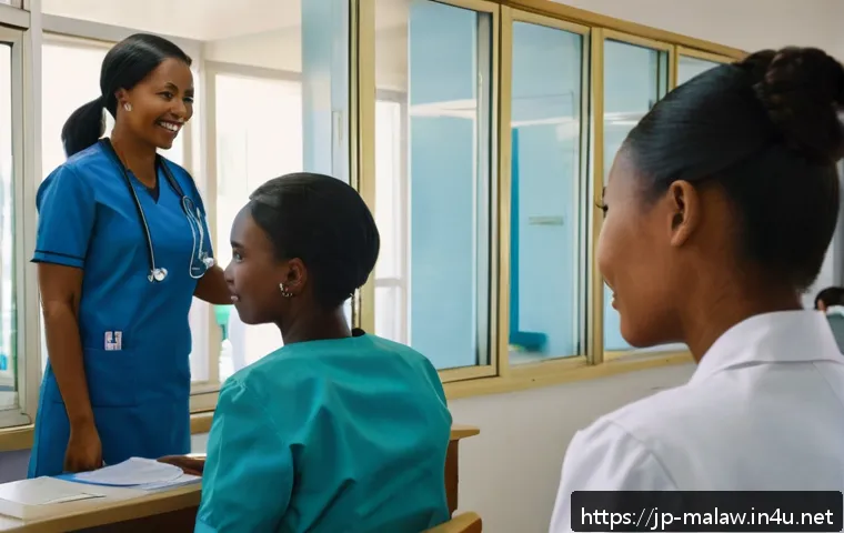 말라위 병원 및 약국 정보 - A bustling modern hospital reception area in Lilongwe, Malawi, featuring diverse medical staff weari...