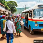 말라위에서의 공공시설 이용 팁 - A bustling urban street scene in Malawi showing a colorful mini bus stopped on the roadside with pas...