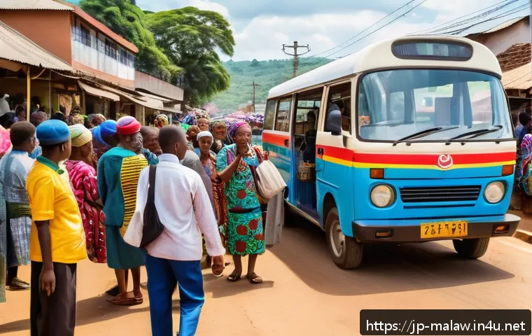 말라위에서의 공공시설 이용 팁 - A bustling urban street scene in Malawi showing a colorful mini bus stopped on the roadside with pas...