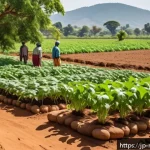 말라위에서 자급자족 농업의 중요성 - A vibrant rural Malawian farm scene showcasing diverse crops adapted to local soil types: rich red s...