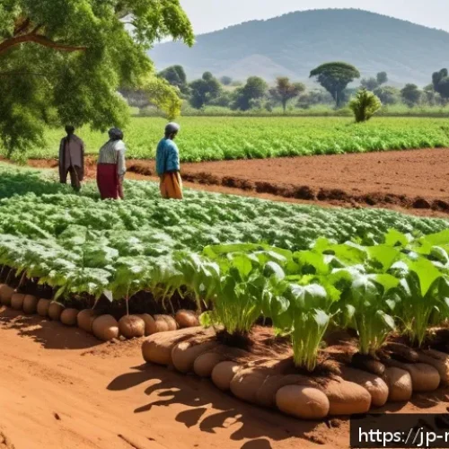 말라위에서 자급자족 농업의 중요성 - A vibrant rural Malawian farm scene showcasing diverse crops adapted to local soil types: rich red s...