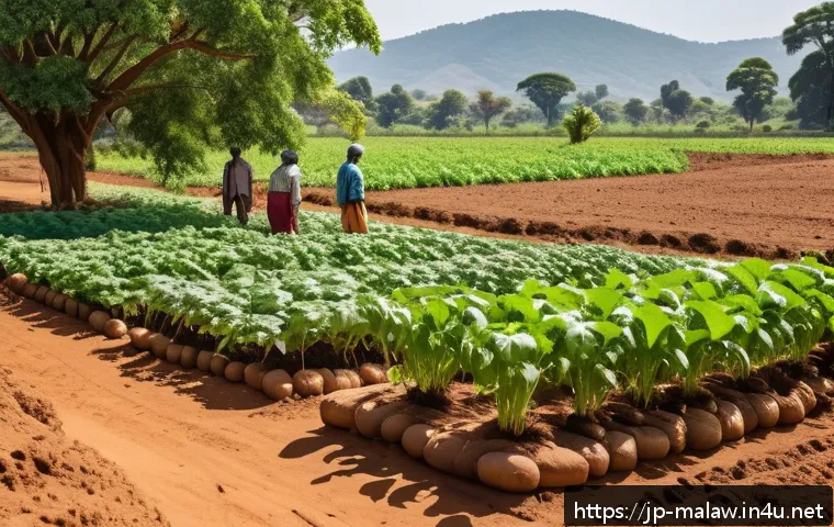 말라위에서 자급자족 농업의 중요성 - A vibrant rural Malawian farm scene showcasing diverse crops adapted to local soil types: rich red s...