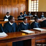 말라위 법률 체계 - A detailed courtroom scene in Malawi showing a diverse group of judges and lawyers engaged in a lega...