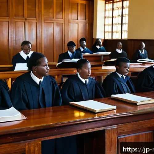 말라위 법률 체계 - A detailed courtroom scene in Malawi showing a diverse group of judges and lawyers engaged in a lega...
