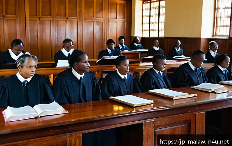 말라위 법률 체계 - A detailed courtroom scene in Malawi showing a diverse group of judges and lawyers engaged in a lega...