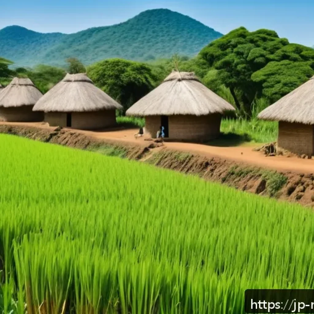말라위 독립 과정 - A vibrant scene depicting a traditional Chewa farming village in Malawi’s inland region, with men an...