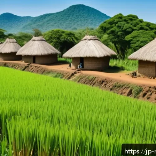 말라위 독립 과정 - A vibrant scene depicting a traditional Chewa farming village in Malawi&rsquo;s inland region, with men an...