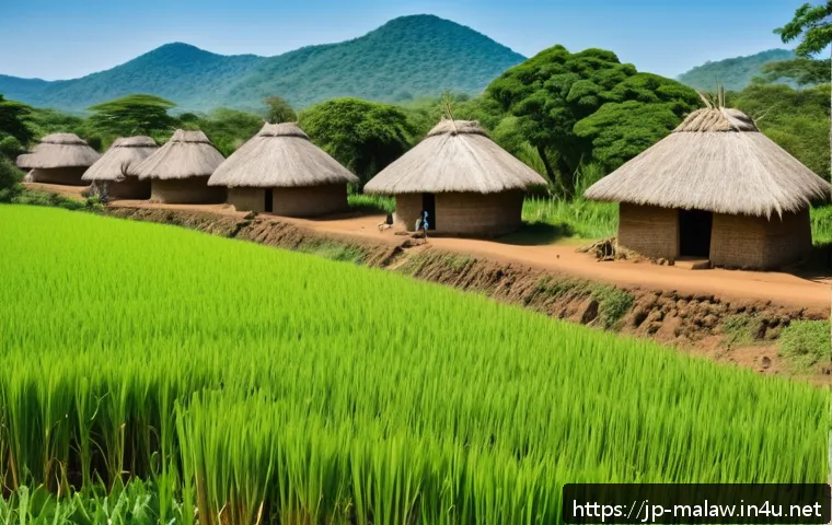 말라위 독립 과정 - A vibrant scene depicting a traditional Chewa farming village in Malawi&rsquo;s inland region, with men an...